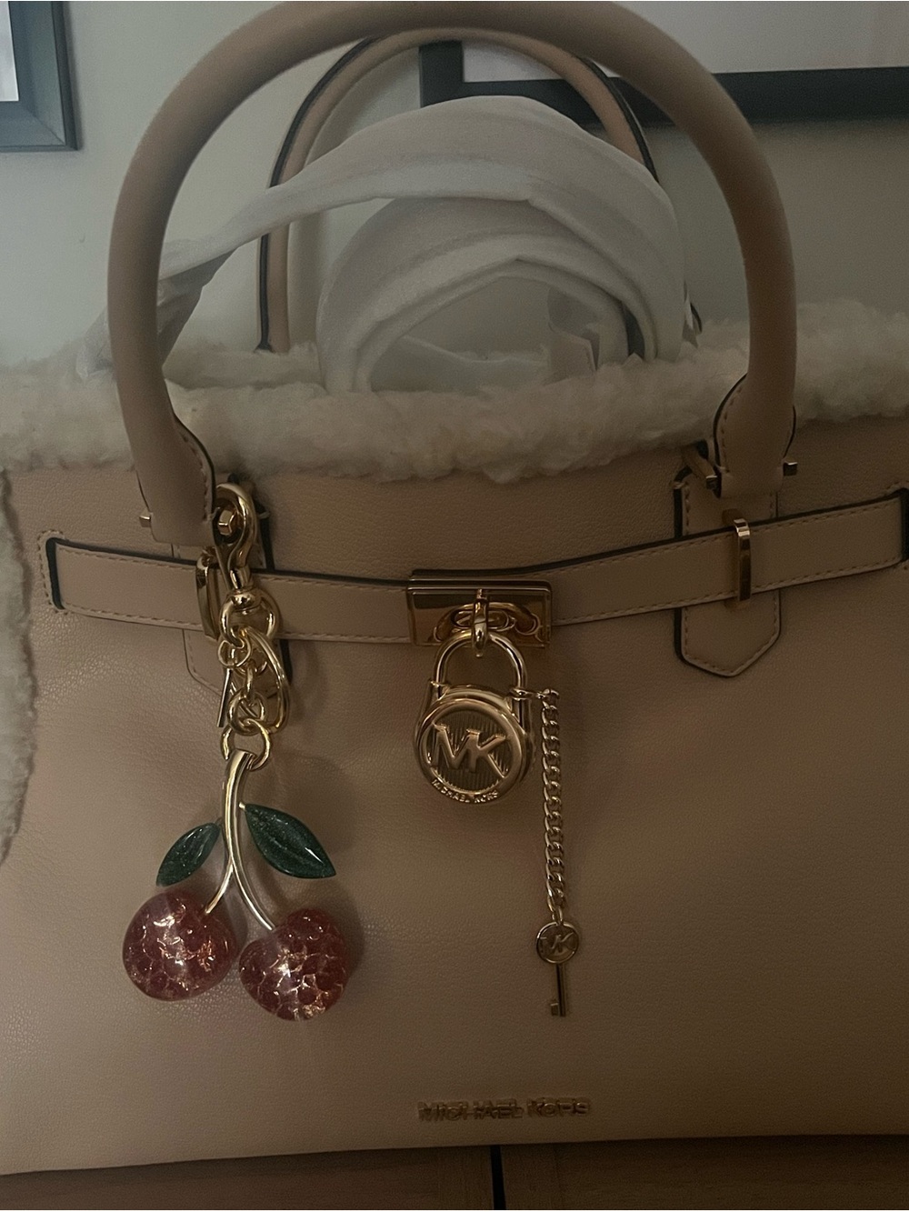 Michael Kors Cream Tote with Shearling Trim and Gold Accents